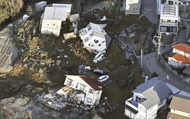Collapsed homes from the recent Japan earthquake 2024 are visible in Kanazawa, located in Japan's Ishikawa prefecture.