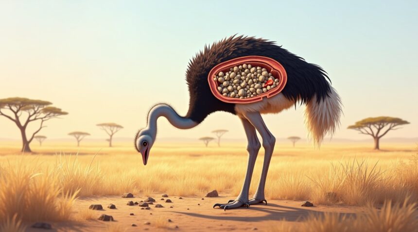 Ostriches swallow stones to help grind their food because their stomachs work like nature's blenders