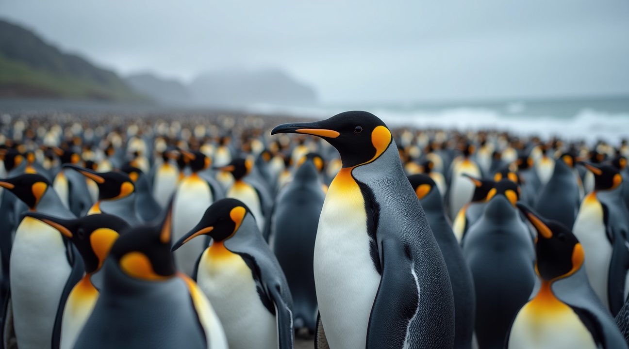 a totally rare golden penguin was found living among 120,000 king penguins on a remote island