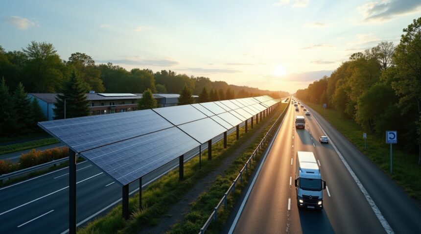 Germany's autobahn noise barriers are equipped with solar panels, generating renewable electricity while reducing traffic noise