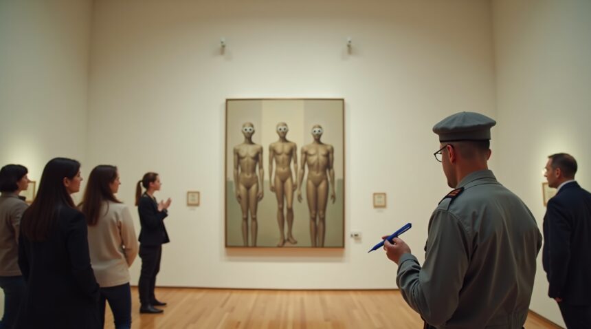 A $1 million painting was ruined after a bored security guard draws eyes on faceless figures