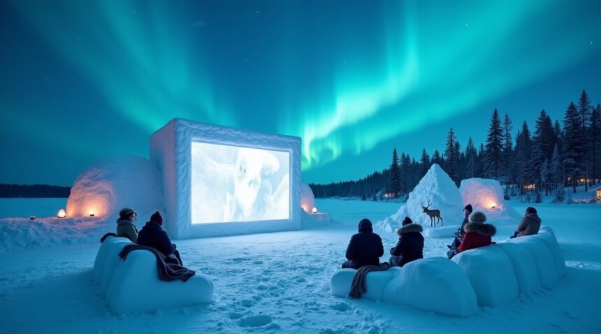 Finland's frozen lakes host natural cinemas, screens made of ice and snow, with silent films projected during winter nights