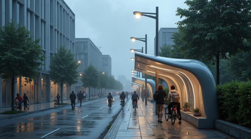 Germany now equips city lamp posts with side flaps that fold open into mini shelters during sudden storms, shielding walkers or cyclists