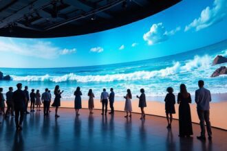 Japanese hotels feature digital walls that project forests or beaches, shifting as guests move