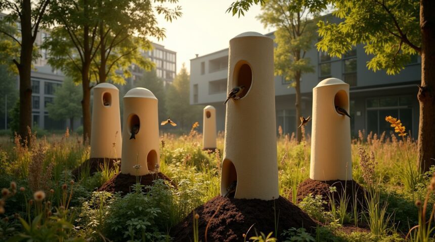 The Netherlands trials biodegradabale next towers made from mushroom pulp designed to decompose slowly and enrich the soil benerath sparrow colonies