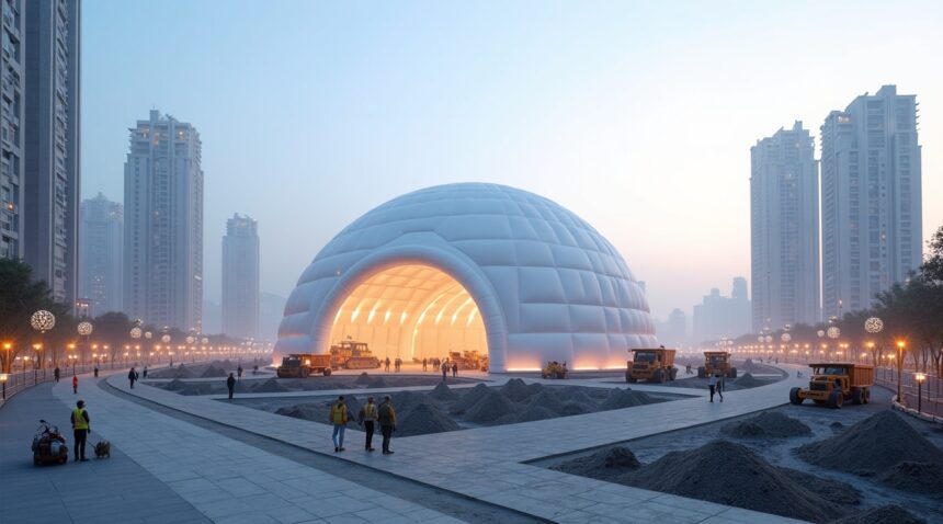 China installs a giant 50 meter tall inflatable dome to block construction dust and noise pollution in Jinan City