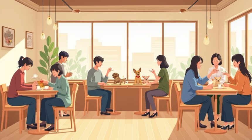 Japan opens dog cafes wtih adoption booths, friendly visitors meet strays in cozy corners while sipping coffee