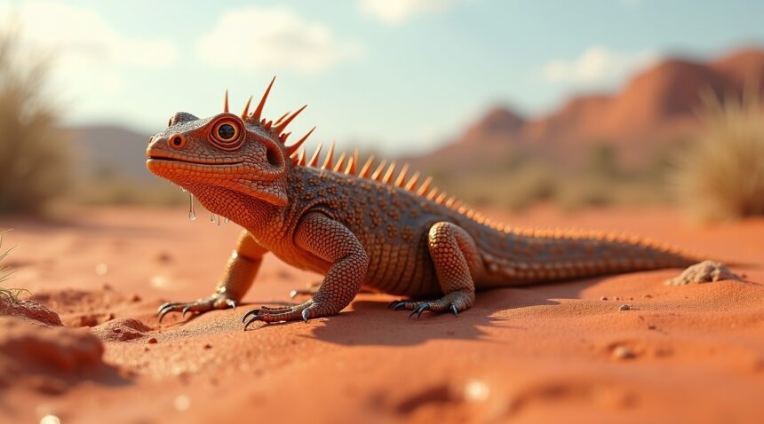 The thorny devil lizard in Australia drinks water simply by standing on wet sand